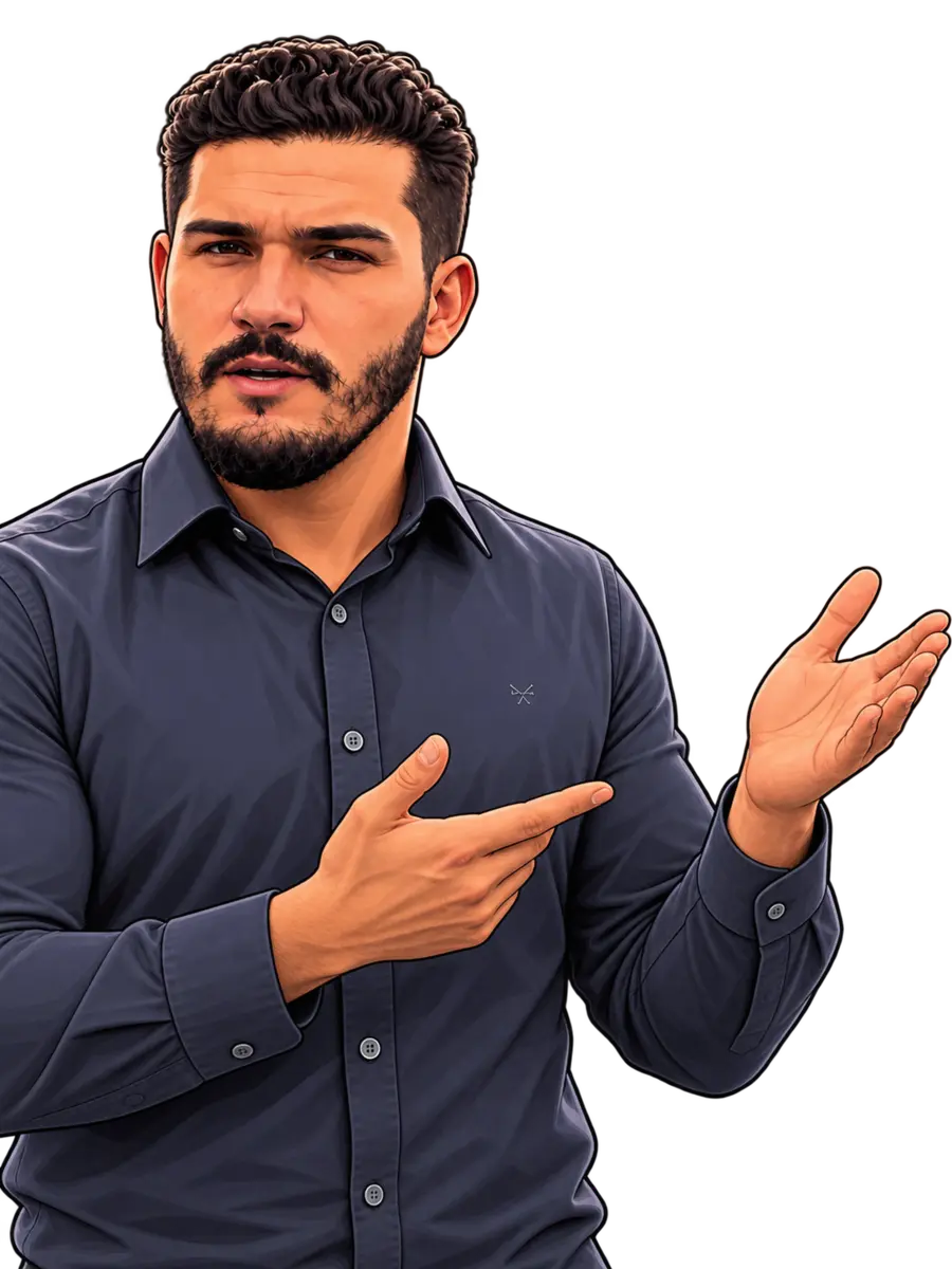 Personagem ilustrado do Repórter Silva apresentando uma notícia